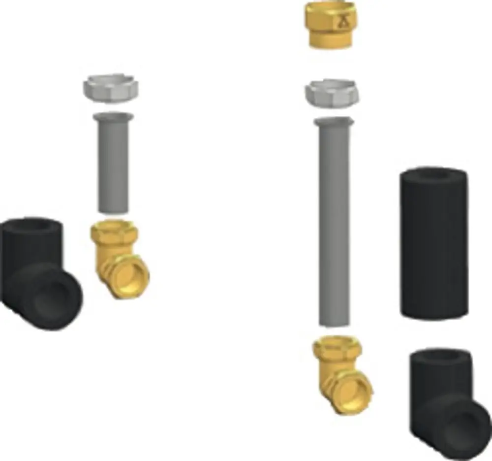 Verbindungselemente für die Installation eines neuen Bosch-Kessels in einer alten Kaskadenunit, bestehend aus Rohren und Fittings in verschiedenen Größen.